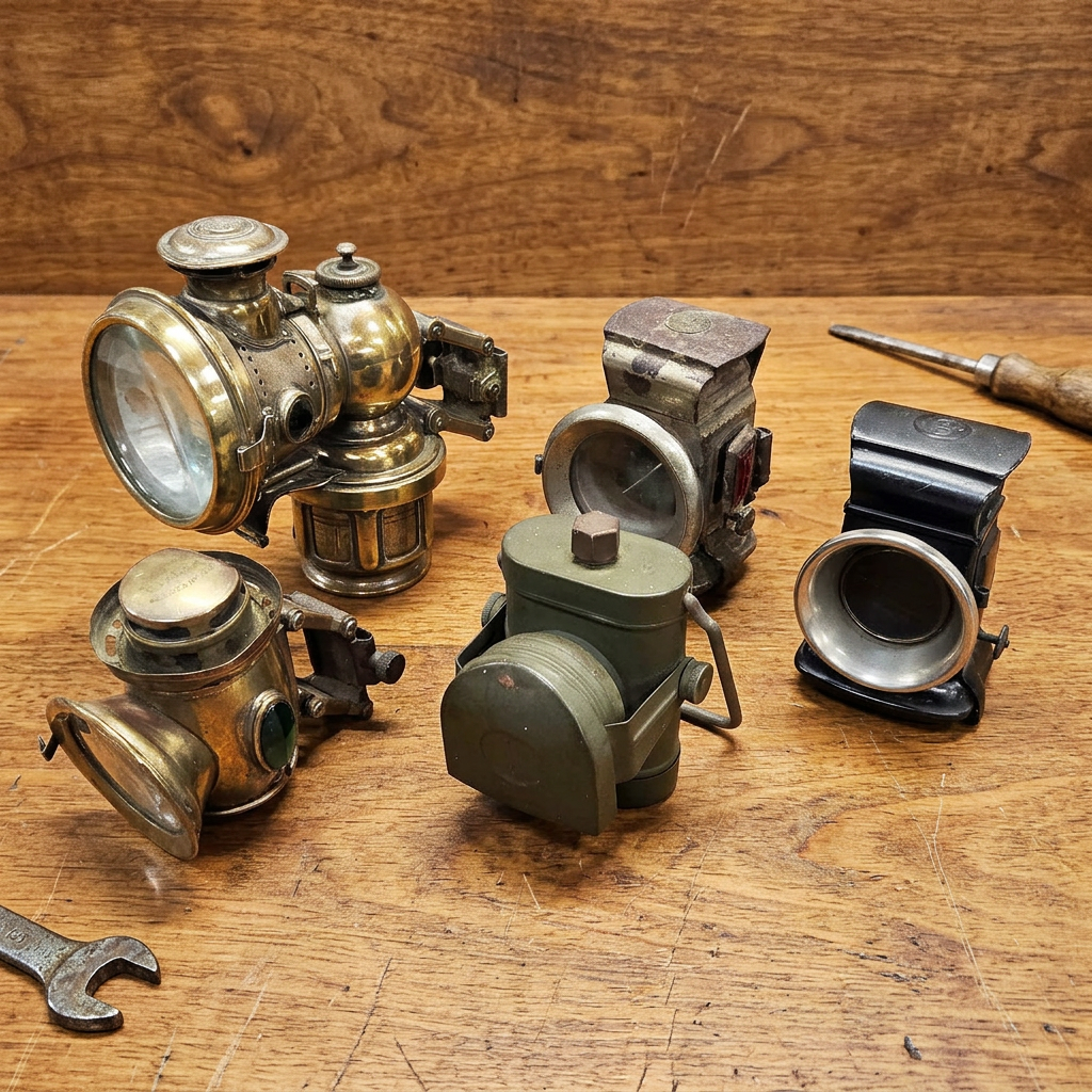 Bicycle lamps with a warm wooden workbench backdrop