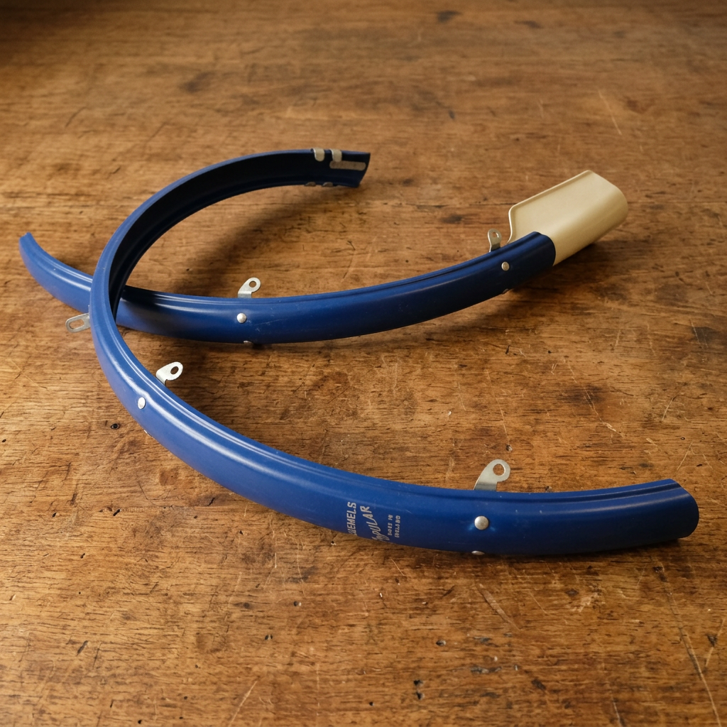 Blue bicycle mudguards on a warm wooden backdrop