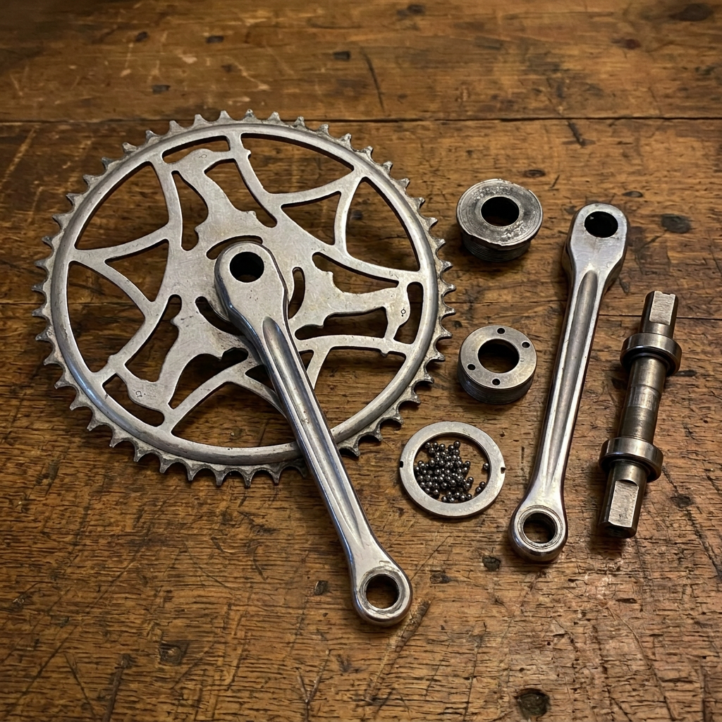 Chainset and bottom bracket parts with the two split pins removed