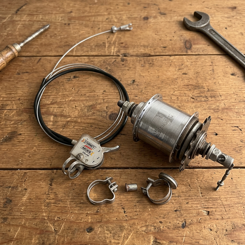 Sturmey Archer hub gear and fittings with a warm wooden backdrop and small period tools