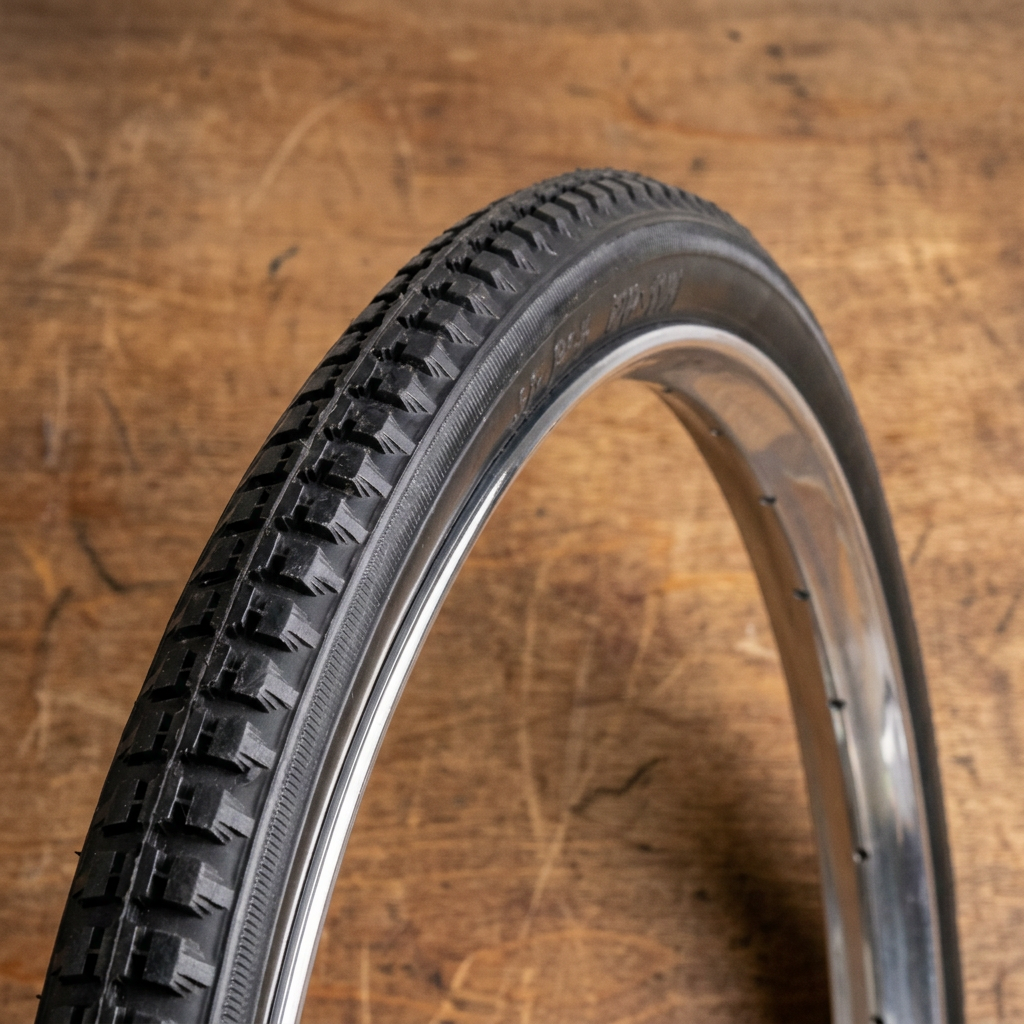 Tyre close-up with a warm wooden background