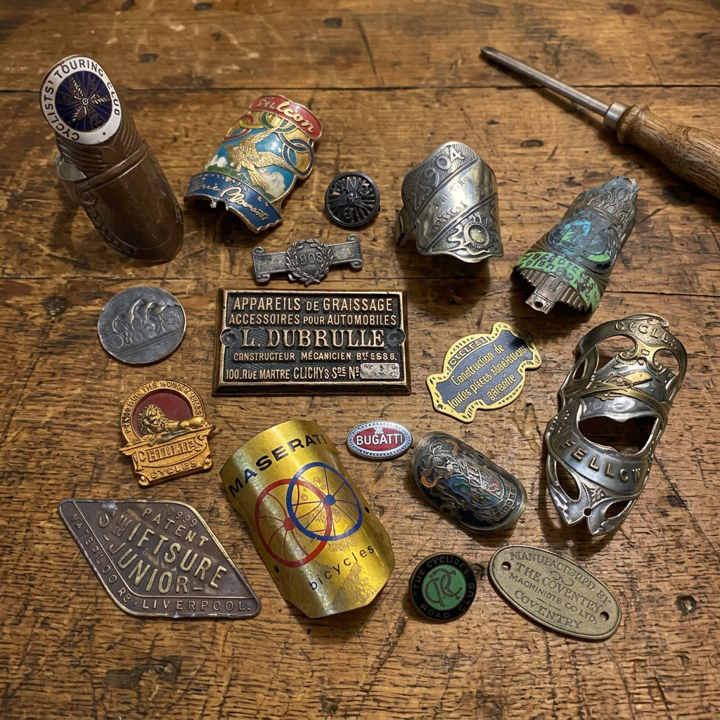 Vintage badges and plaques arranged on a warm worn wooden workbench