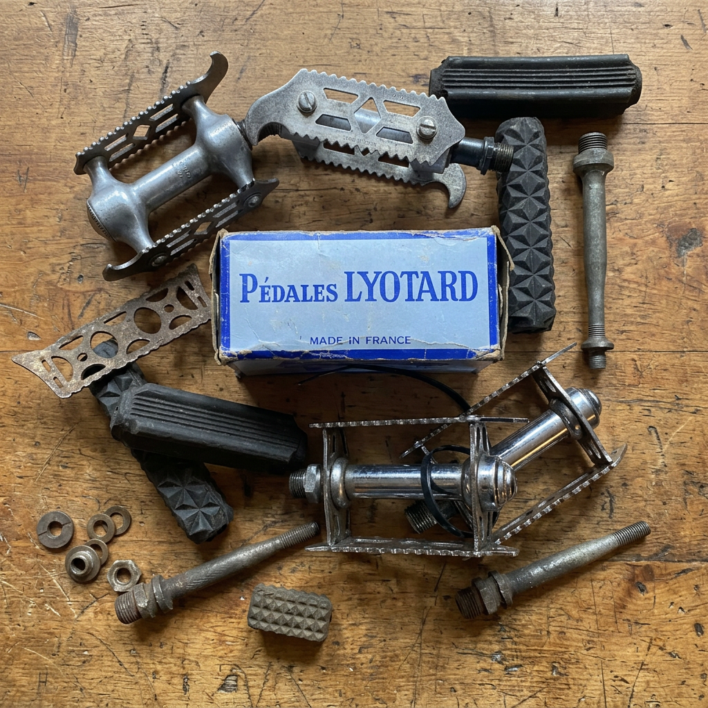 Vintage bicycle pedals and parts with a warm wooden workbench backdrop