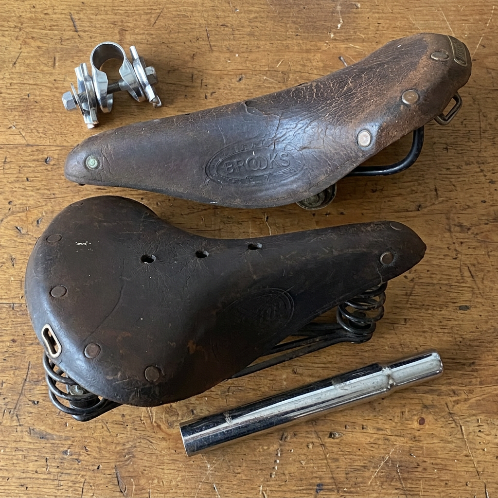 Vintage bicycle saddles, clamp and seat post with a warm wooden backdrop