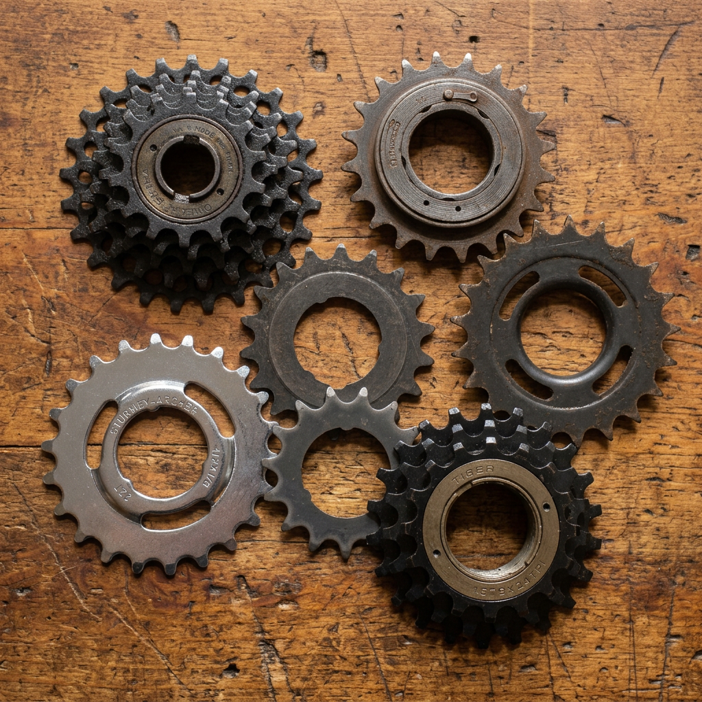 Your freewheels and sprockets on a warm worn wooden workbench