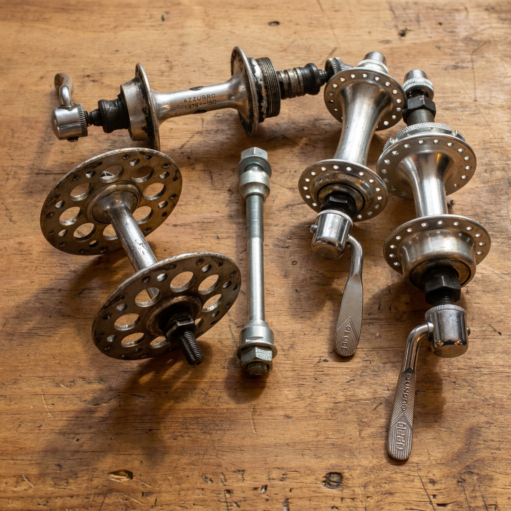 Your vintage bicycle hubs and axle on a warm worn wooden workbench