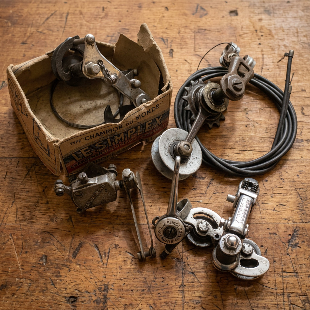 Your vintage gear assortment with a warm wooden workbench setting