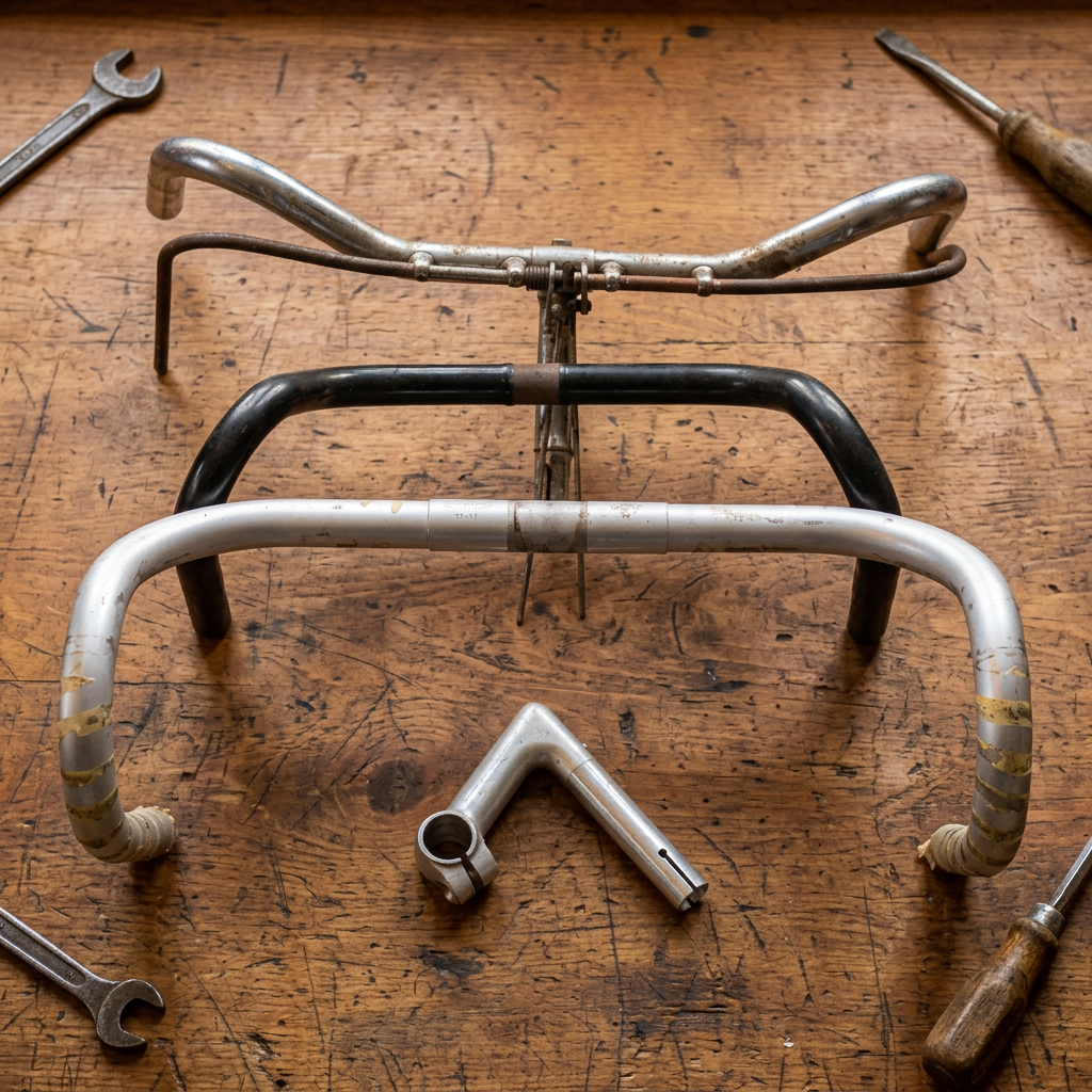 Your vintage handlebars and stem on a warm wooden workbench with restrained edge tools